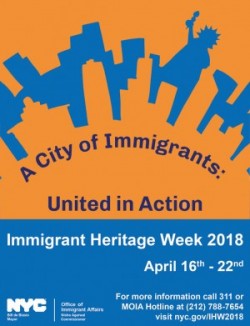 Mayor's Office of Immigrant Affairs Immigrant Heritage Week flyer, blue and orange with NYC skyline
